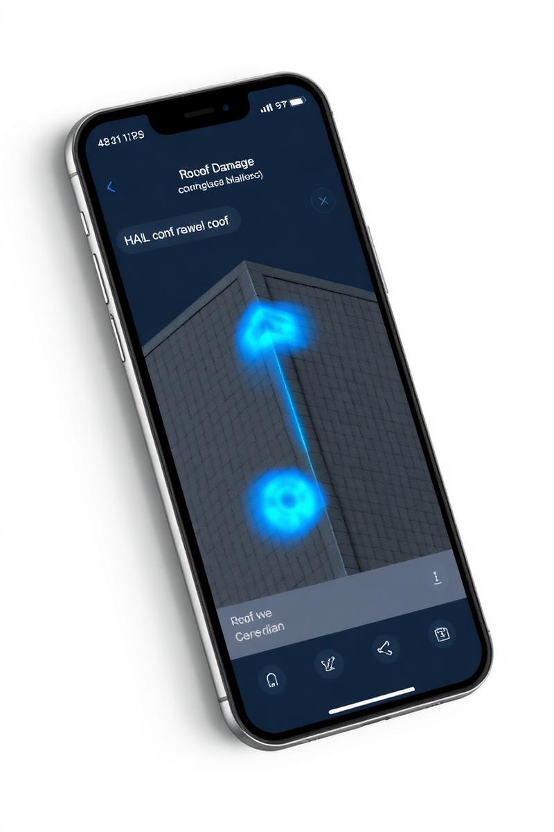 iSmart AI app displaying a 3D scan of a residential roof with damage indicators